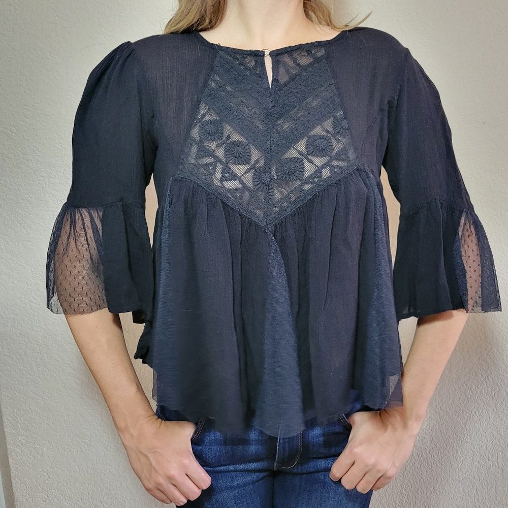 Juniors Black Boho Top Small Peasant 3/4 Raglan Sleeve Womens Flowy Tulle Lace - Picture 5 of 7